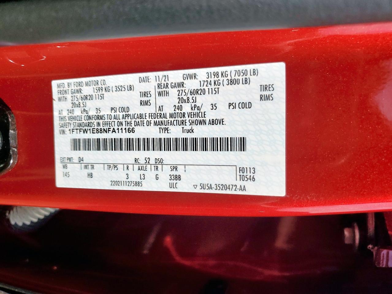 2022 Ford F150 Supercrew VIN: 1FTFW1E88NFA11166 Lot: 58990555