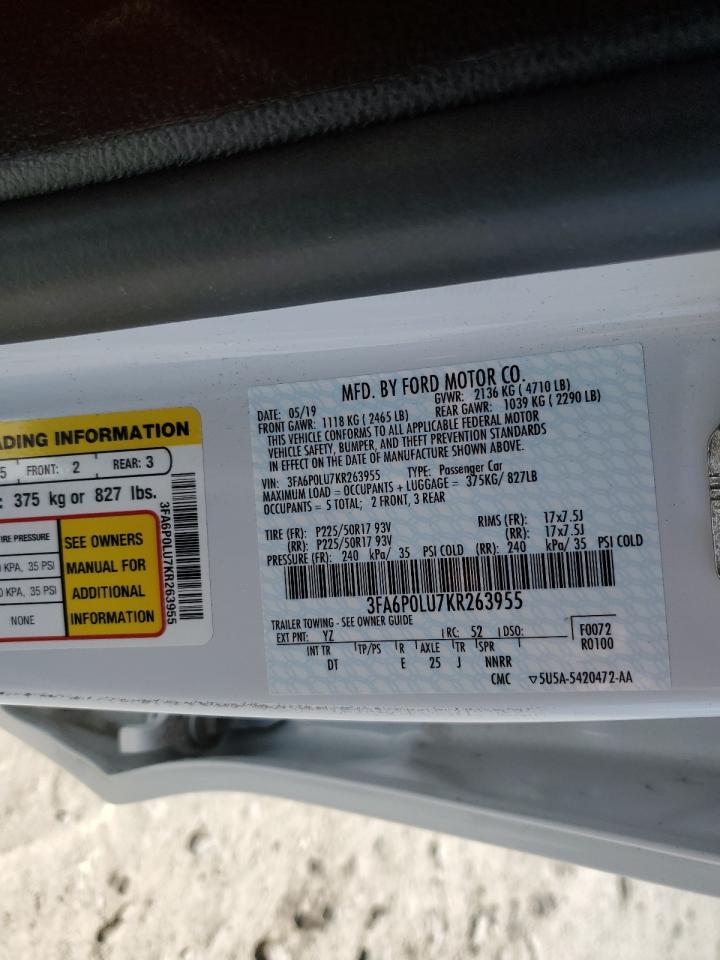 2019 Ford Fusion Se VIN: 3FA6P0LU7KR263955 Lot: 54026645