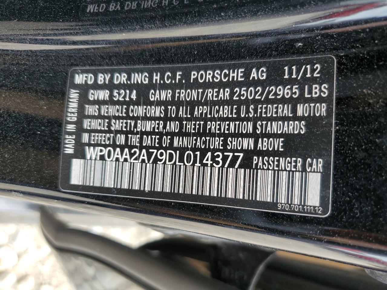 2013 Porsche Panamera 2 VIN: WP0AA2A79DL014377 Lot: 57991135