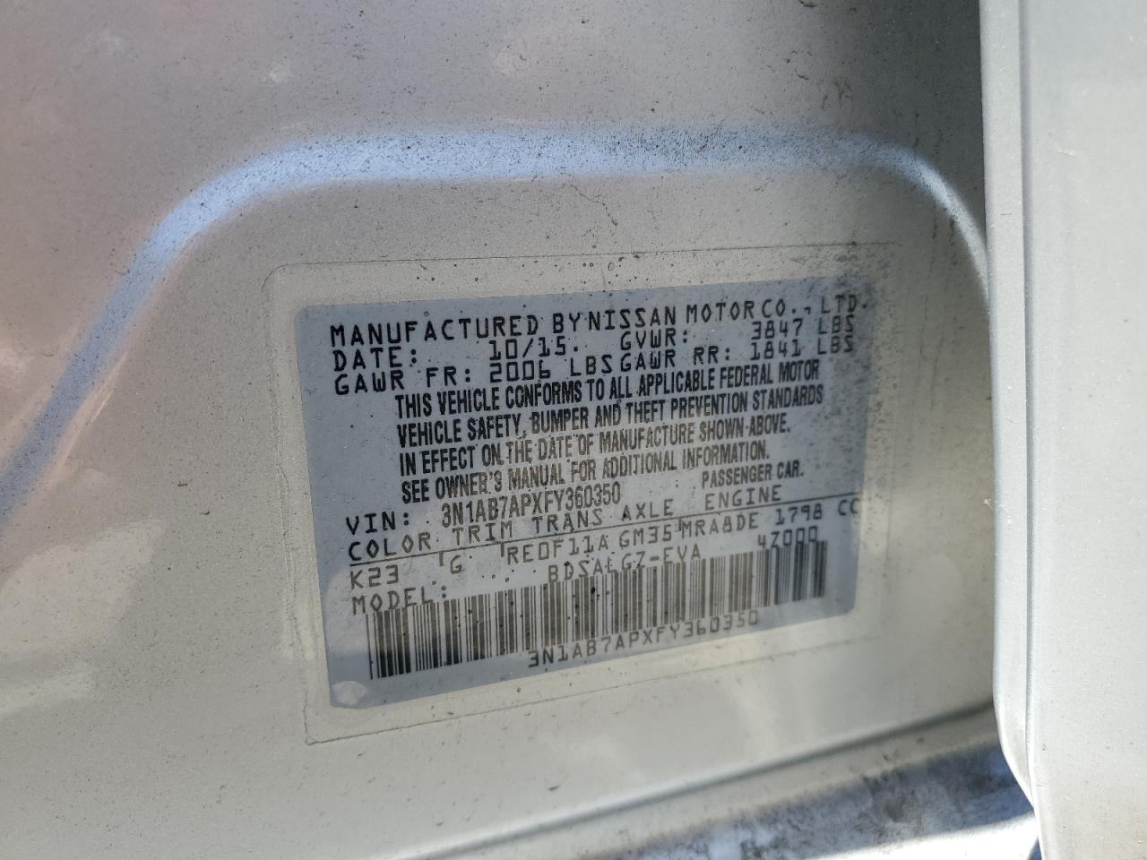 2015 Nissan Sentra S VIN: 3N1AB7APXFY360350 Lot: 57130545