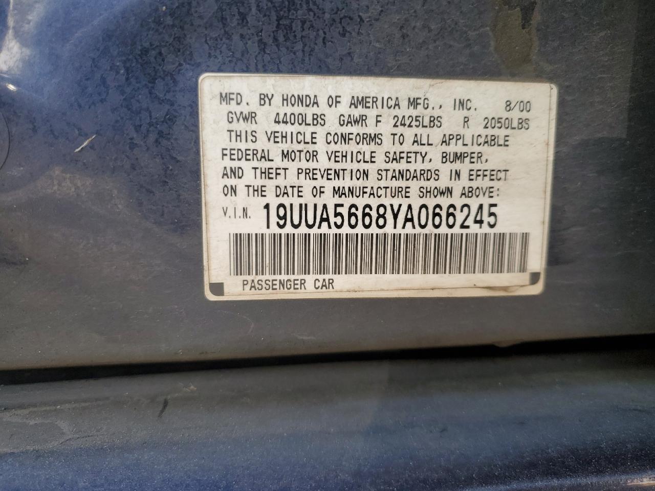 2000 Acura 3.2Tl VIN: 19UUA5668YA066245 Lot: 56757325