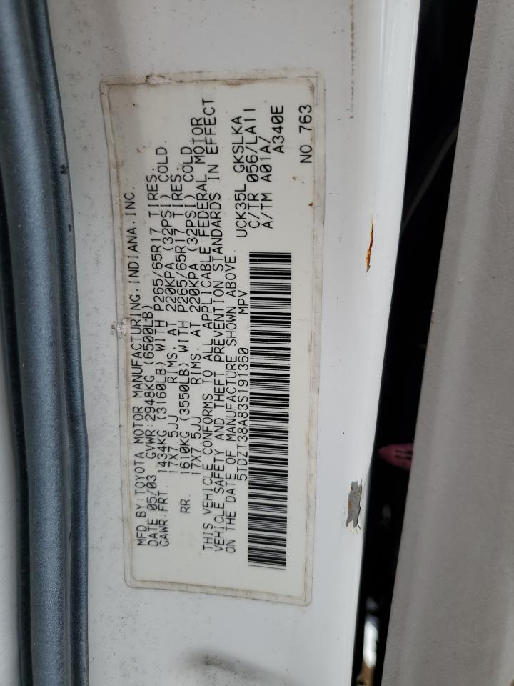 2003 Toyota Sequoia Limited VIN: 5TDZT38A83S191360 Lot: 58374745