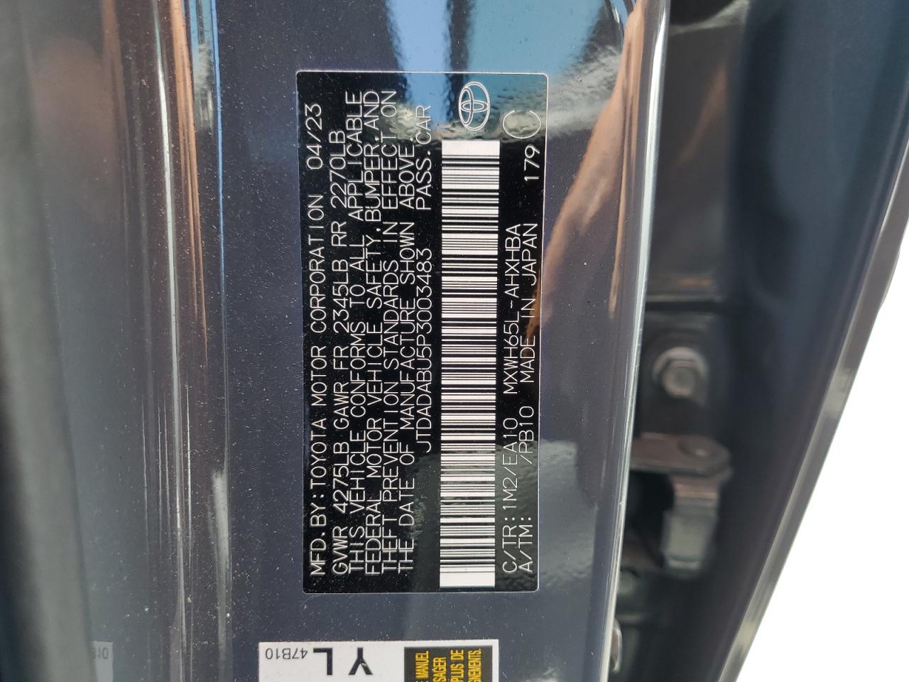 2023 Toyota Prius Le VIN: JTDADABU5P3003483 Lot: 57172555