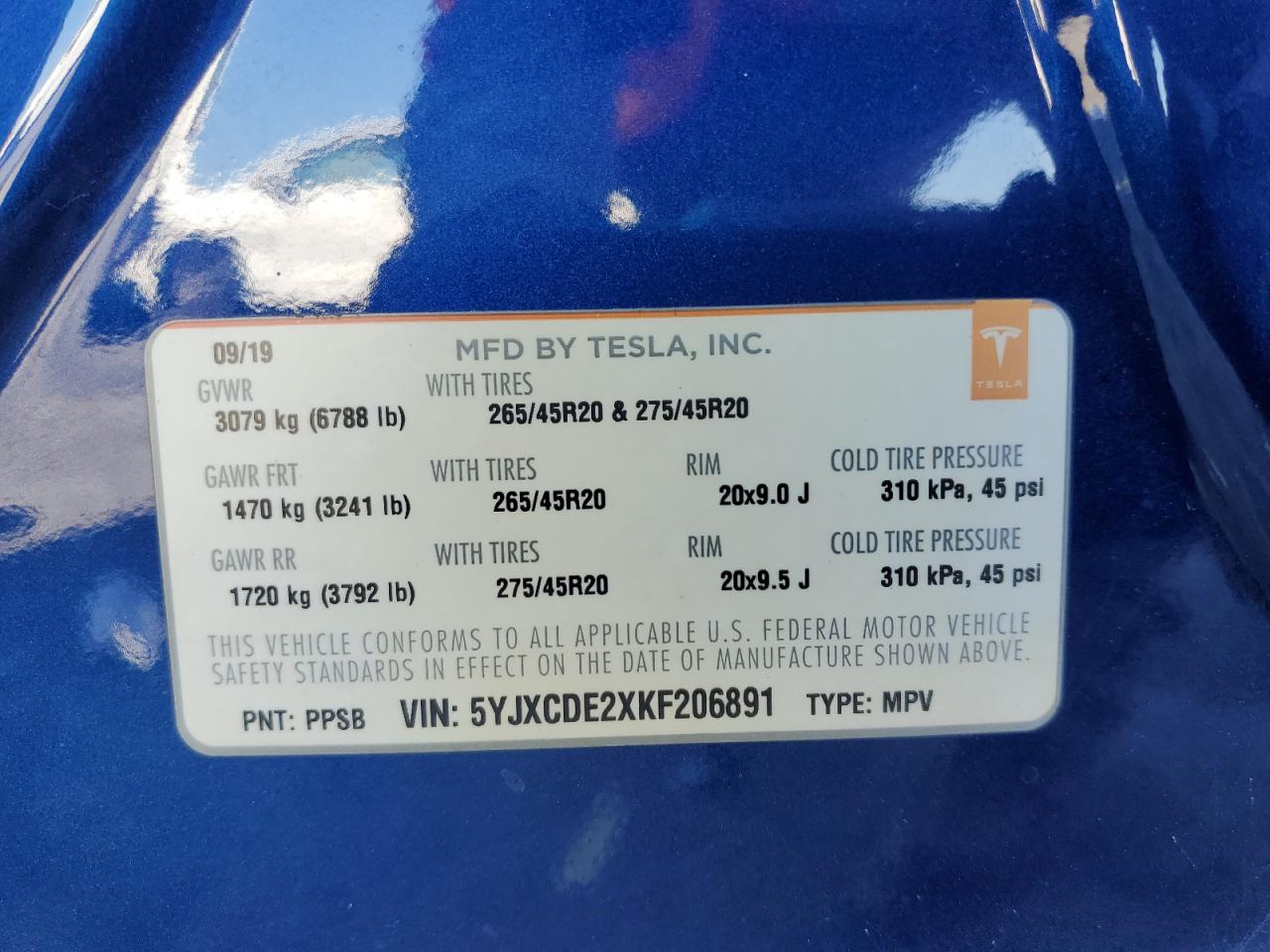 2019 Tesla Model X VIN: 5YJXCDE2XKF206891 Lot: 55851895