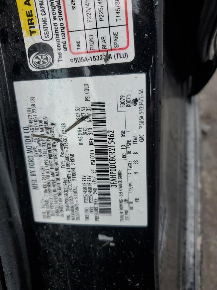 2012 Ford Fusion Sport VIN: 3FAHP0DC8CR215462 Lot: 56744565