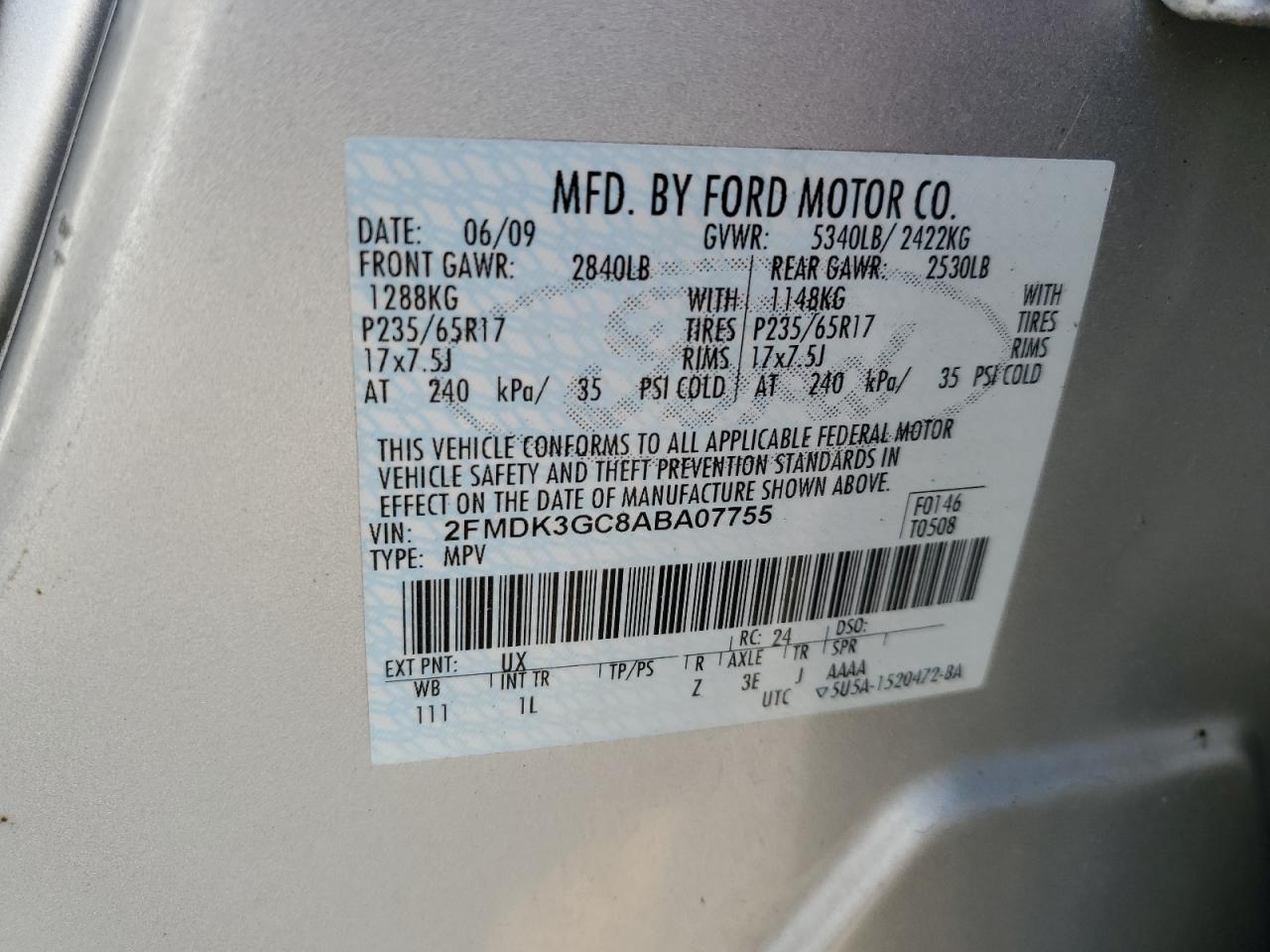 2010 Ford Edge Se VIN: 2FMDK3GC8ABA07755 Lot: 57264075