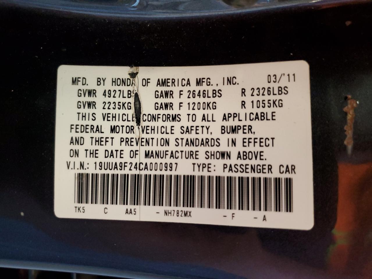 2012 Acura Tl VIN: 19UUA9F24CA000997 Lot: 56714465