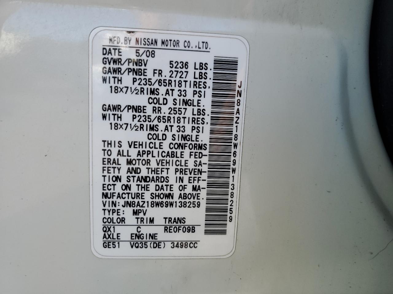 2009 Nissan Murano S VIN: JN8AZ18W69W138259 Lot: 57681945