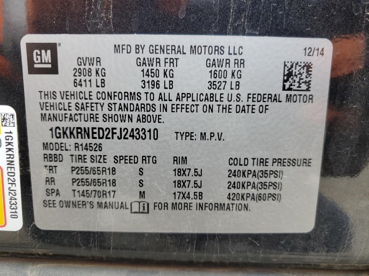 2015 GMC Acadia Sle VIN: 1GKKRNED2FJ243310 Lot: 57342425