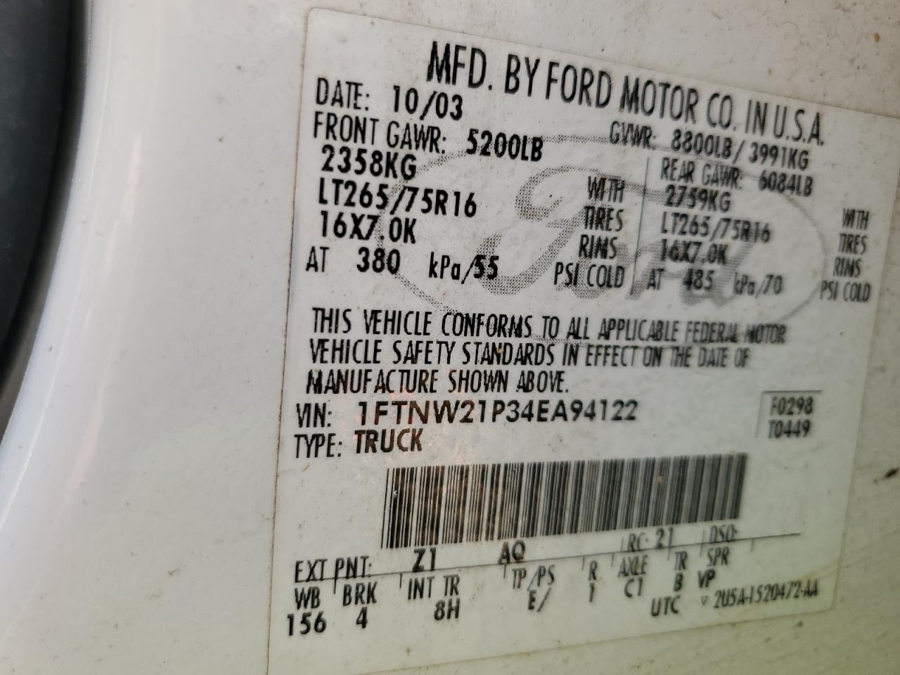 2018 Ford F250 Super Duty VIN: 1FTNW21P34EA94122 Lot: 56797945