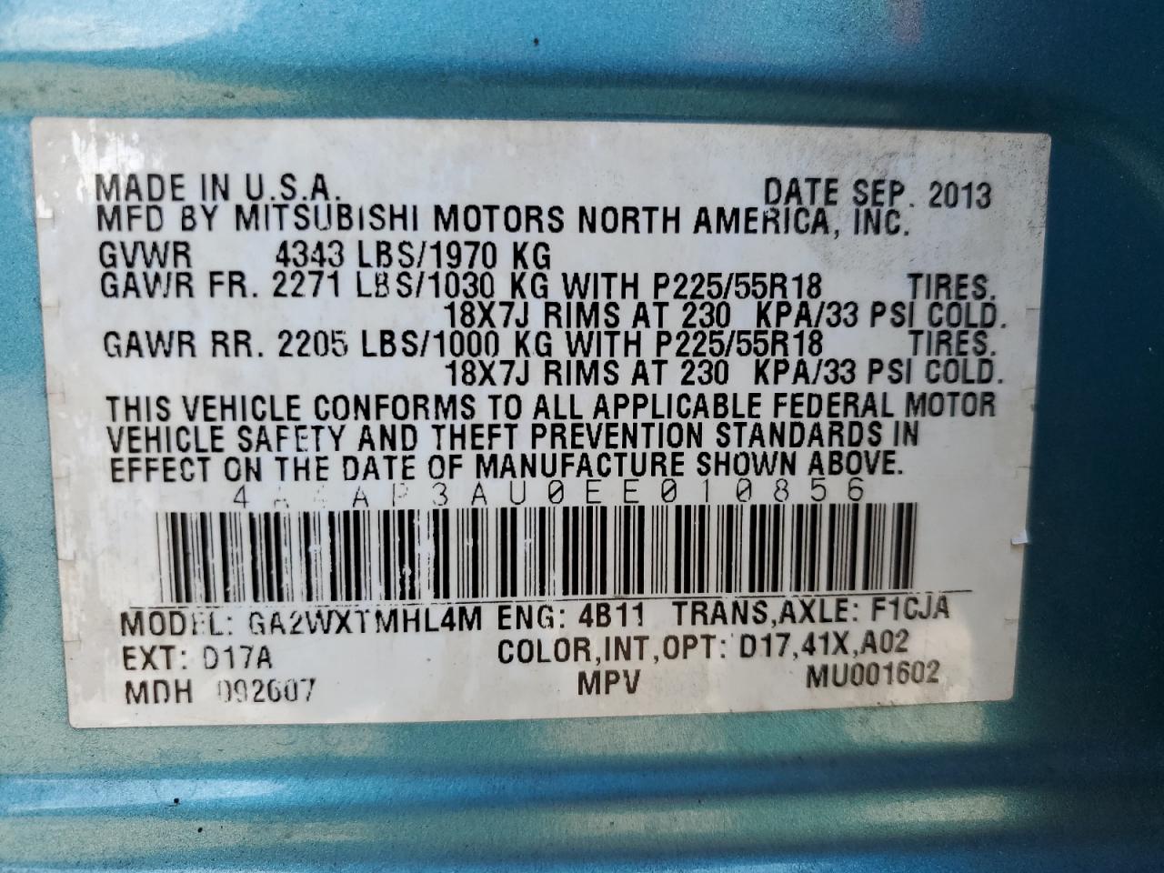 2014 Mitsubishi Outlander Sport Es VIN: 4A4AP3AU0EE010856 Lot: 56249005