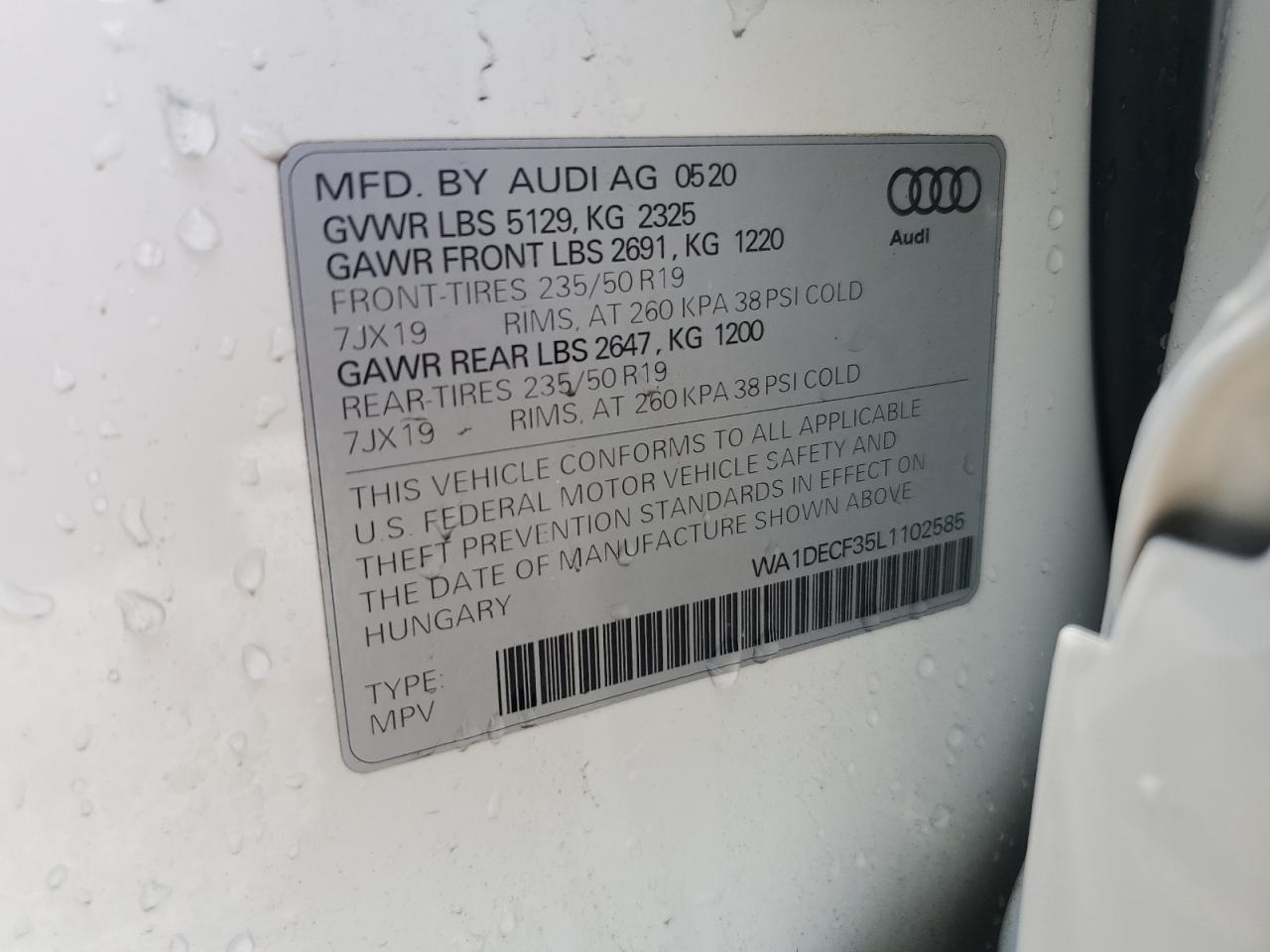 2020 Audi Q3 Premium S Line VIN: WA1DECF35L1102585 Lot: 55973165