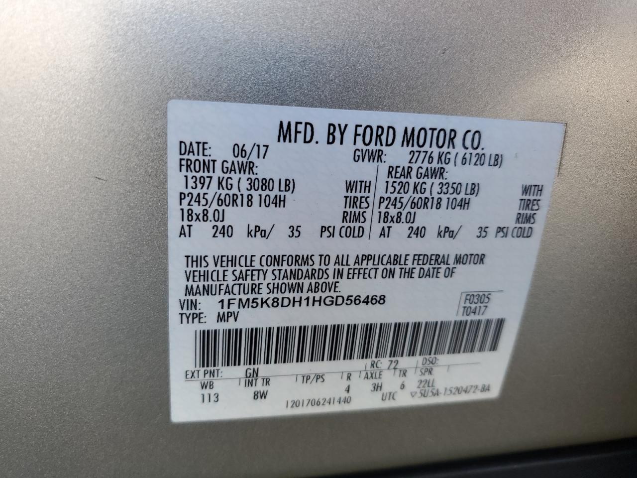 2017 Ford Explorer Xlt VIN: 1FM5K8DH1HGD56468 Lot: 57130425