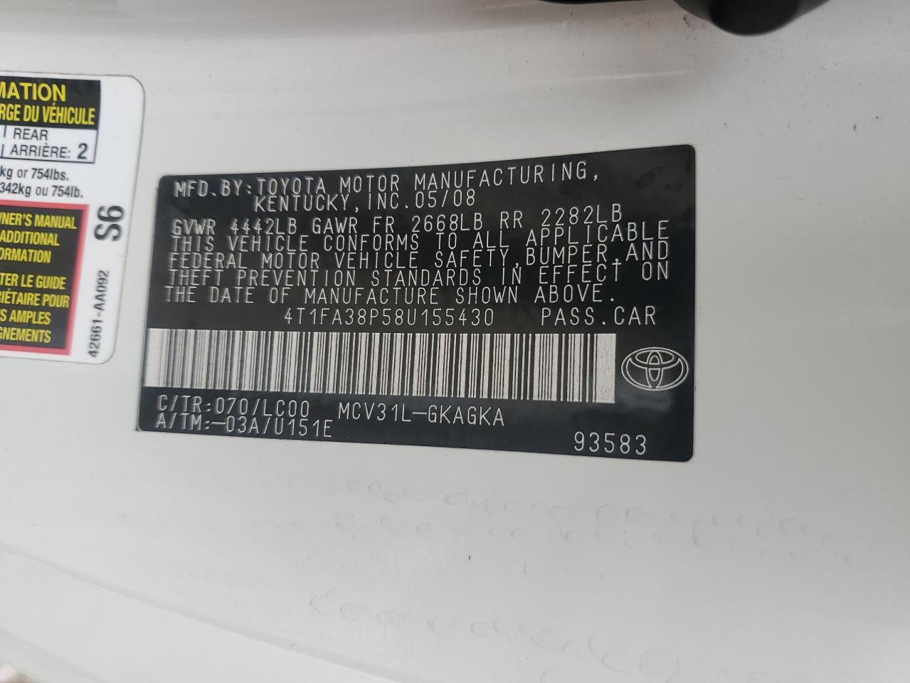 4t1fa38p58u155430 4T1FA38P58U155430 2008 Toyota Camry Solara Se