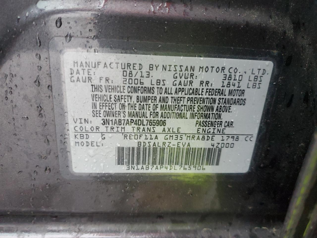 2013 Nissan Sentra S VIN: 3N1AB7AP4DL765906 Lot: 86594195