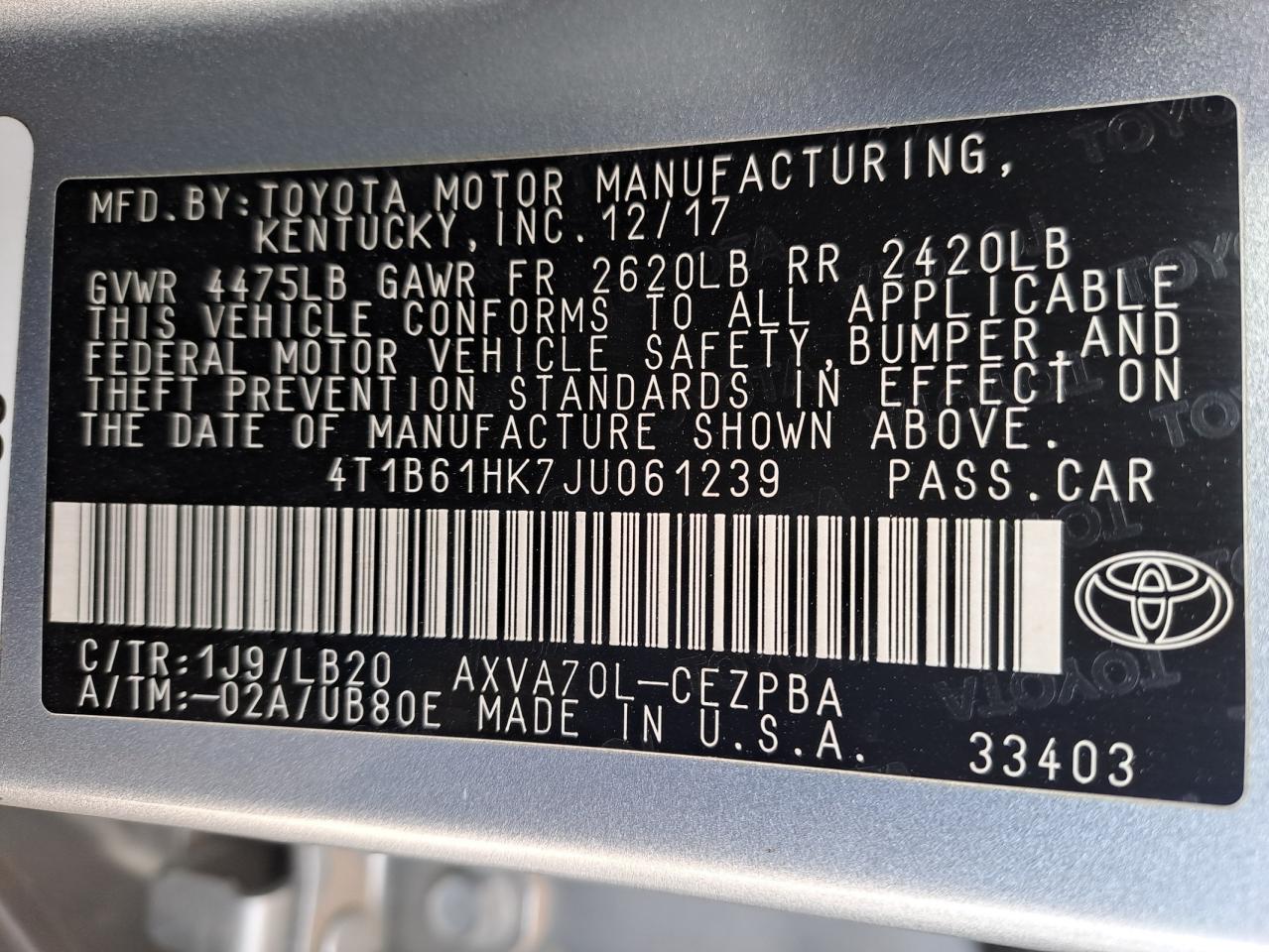 4T1B61HK7JU061239 - 2001 Toyota Camry - #58104535