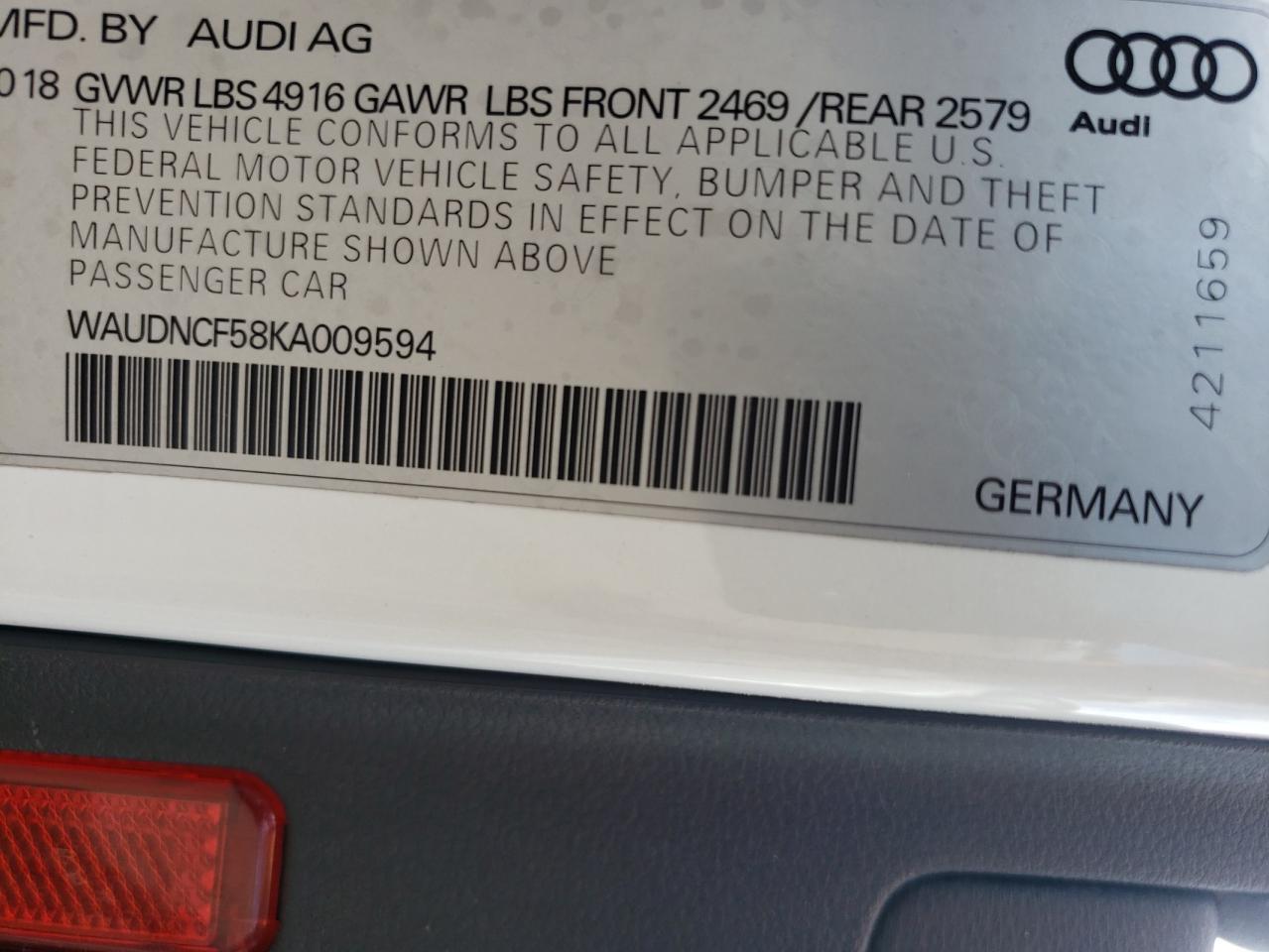 2019 Audi A5 Premium S Line VIN: WAUDNCF58KA009594 Lot: 56640935