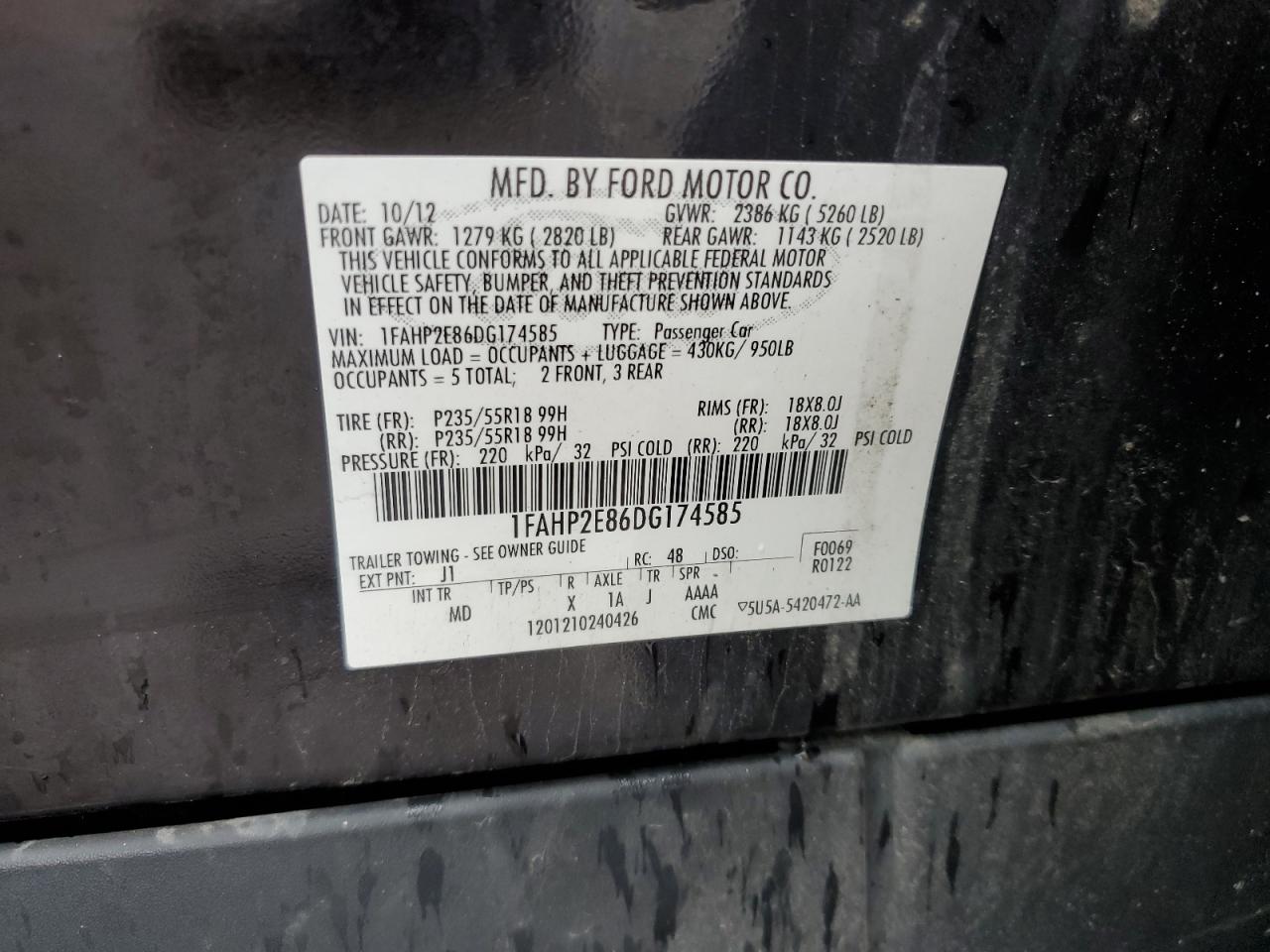 2013 Ford Taurus Sel VIN: 1FAHP2E86DG174585 Lot: 55923505