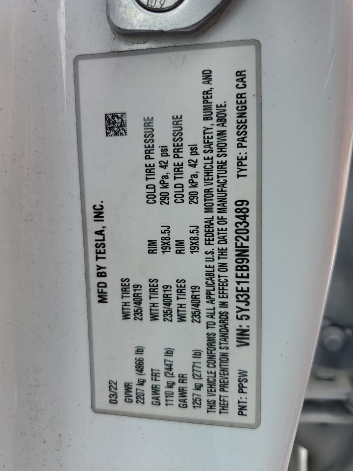 2022 Tesla Model 3 VIN: 5YJ3E1EB9NF203489 Lot: 56569805