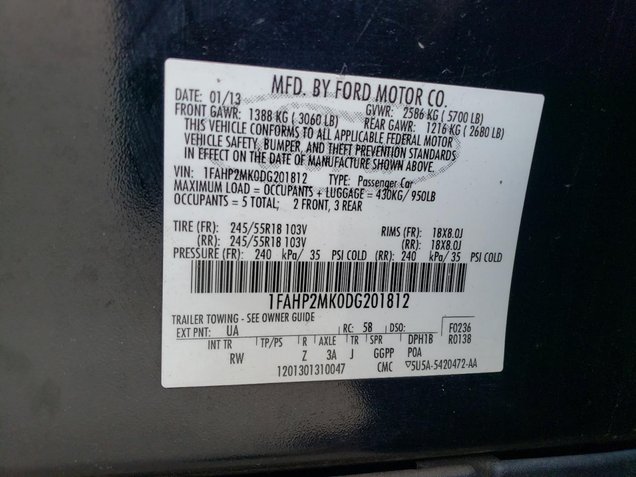 2013 Ford Taurus Police Interceptor VIN: 1FAHP2MK0DG201812 Lot: 56649705