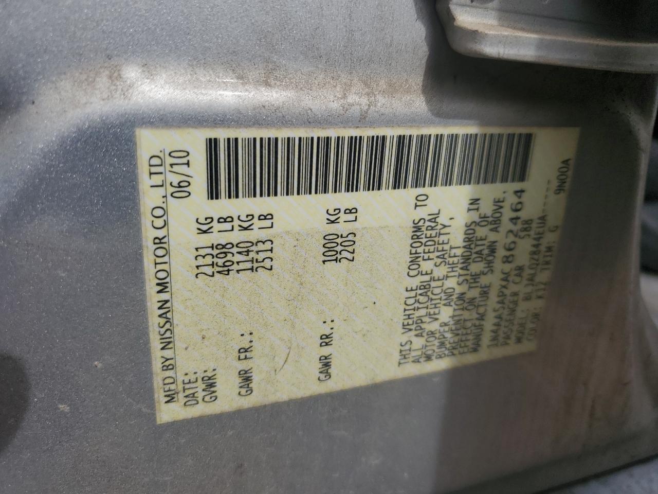 2010 Nissan Maxima S VIN: 1N4AA5APXAC862464 Lot: 56894155