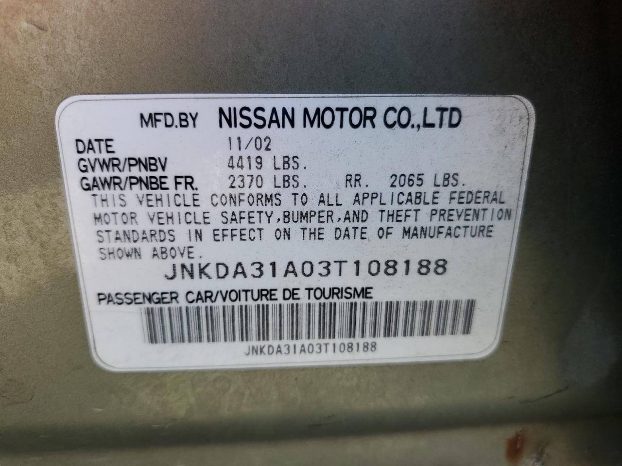 2003 Infiniti I35 VIN: JNKDA31A03T108188 Lot: 57104585