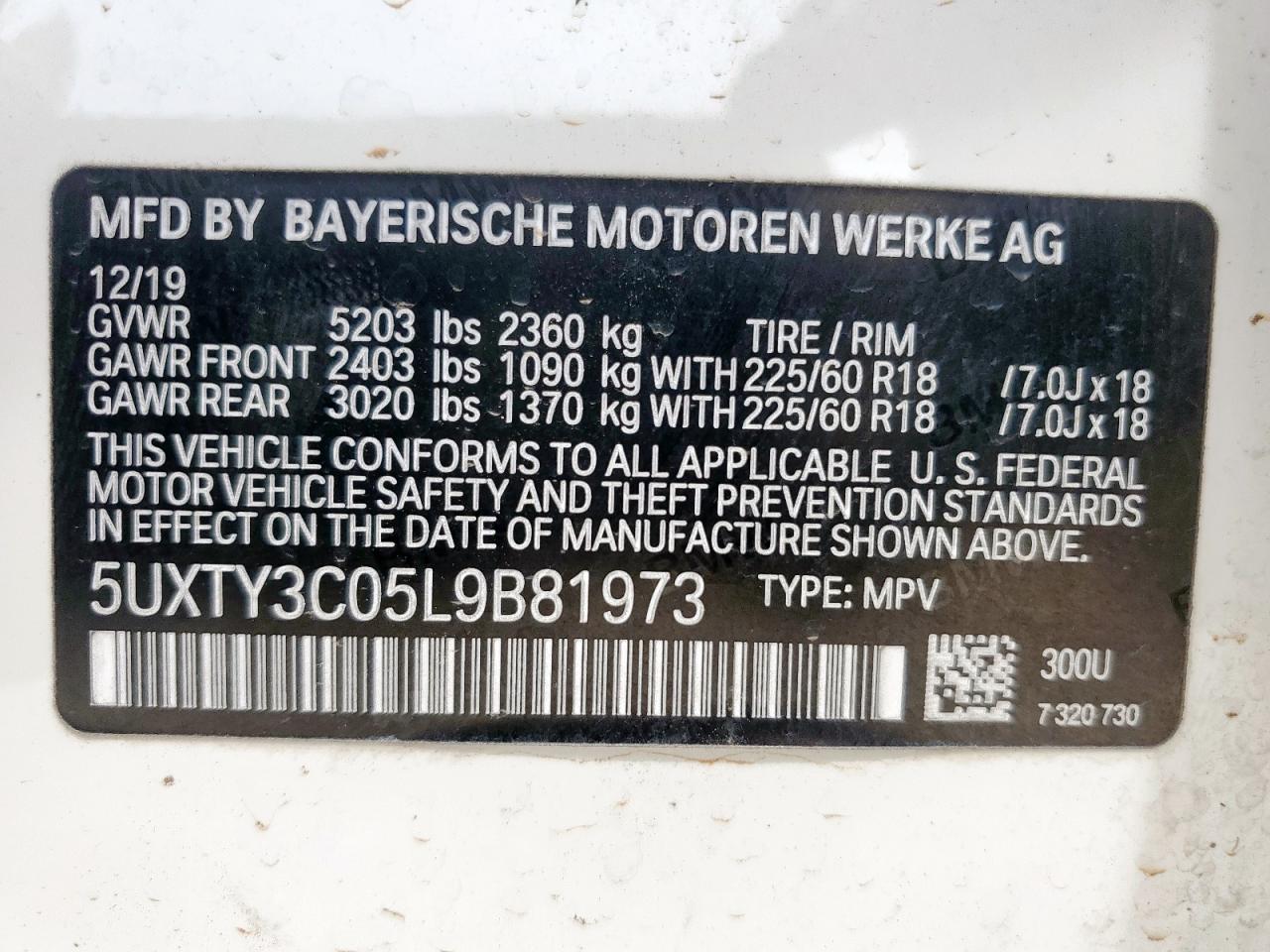 2020 BMW X3 Sdrive30I VIN: 5UXTY3C05L9B81973 Lot: 57097735