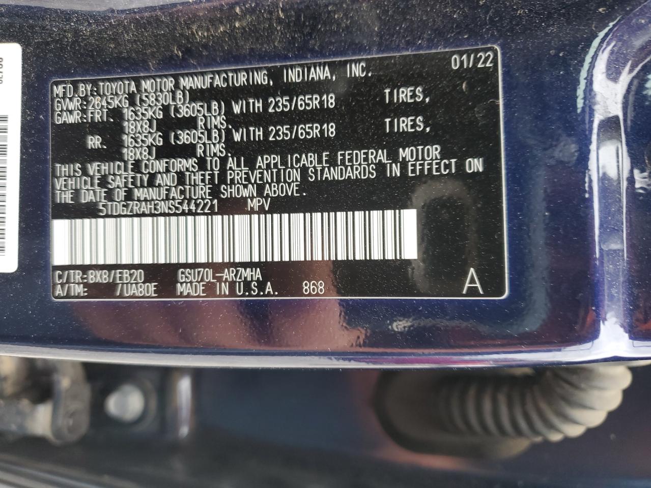 2022 Toyota Highlander Xle VIN: 5TDGZRAH3NS544221 Lot: 57222185