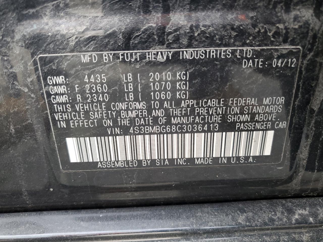 2012 Subaru Legacy 2.5I Premium VIN: 4S3BMBG68C3036413 Lot: 56911045
