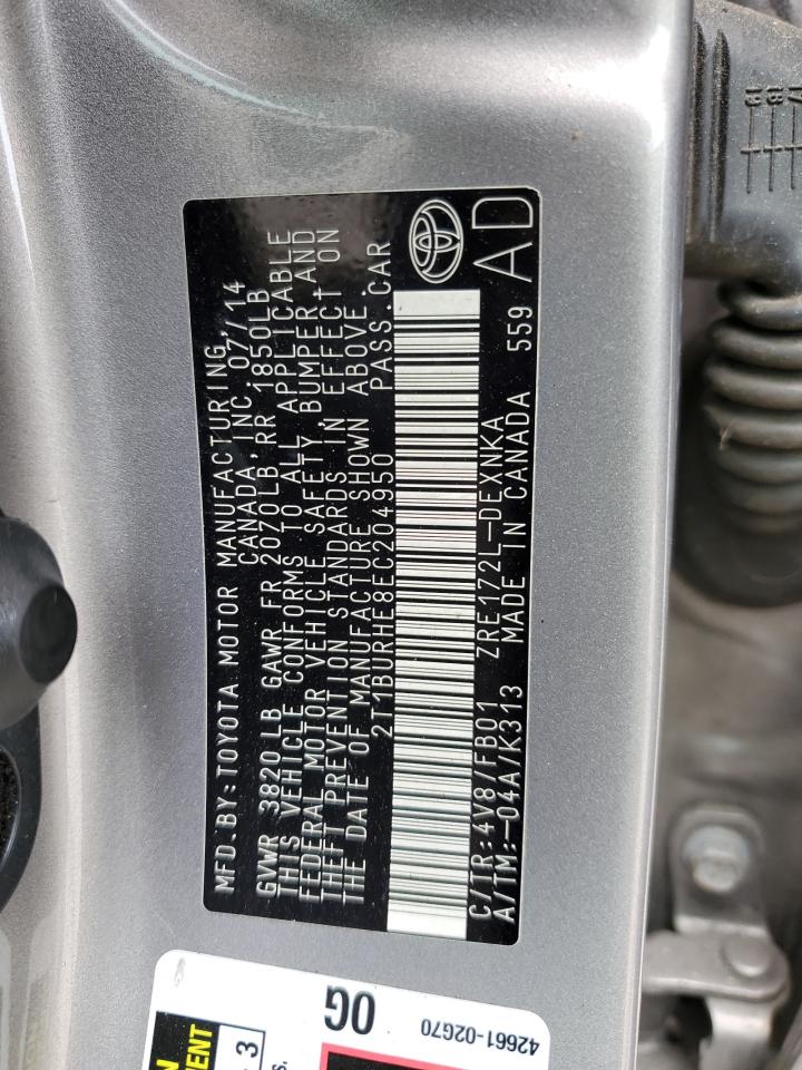 2014 Toyota Corolla L VIN: 2T1BURHE8EC204950 Lot: 56942595