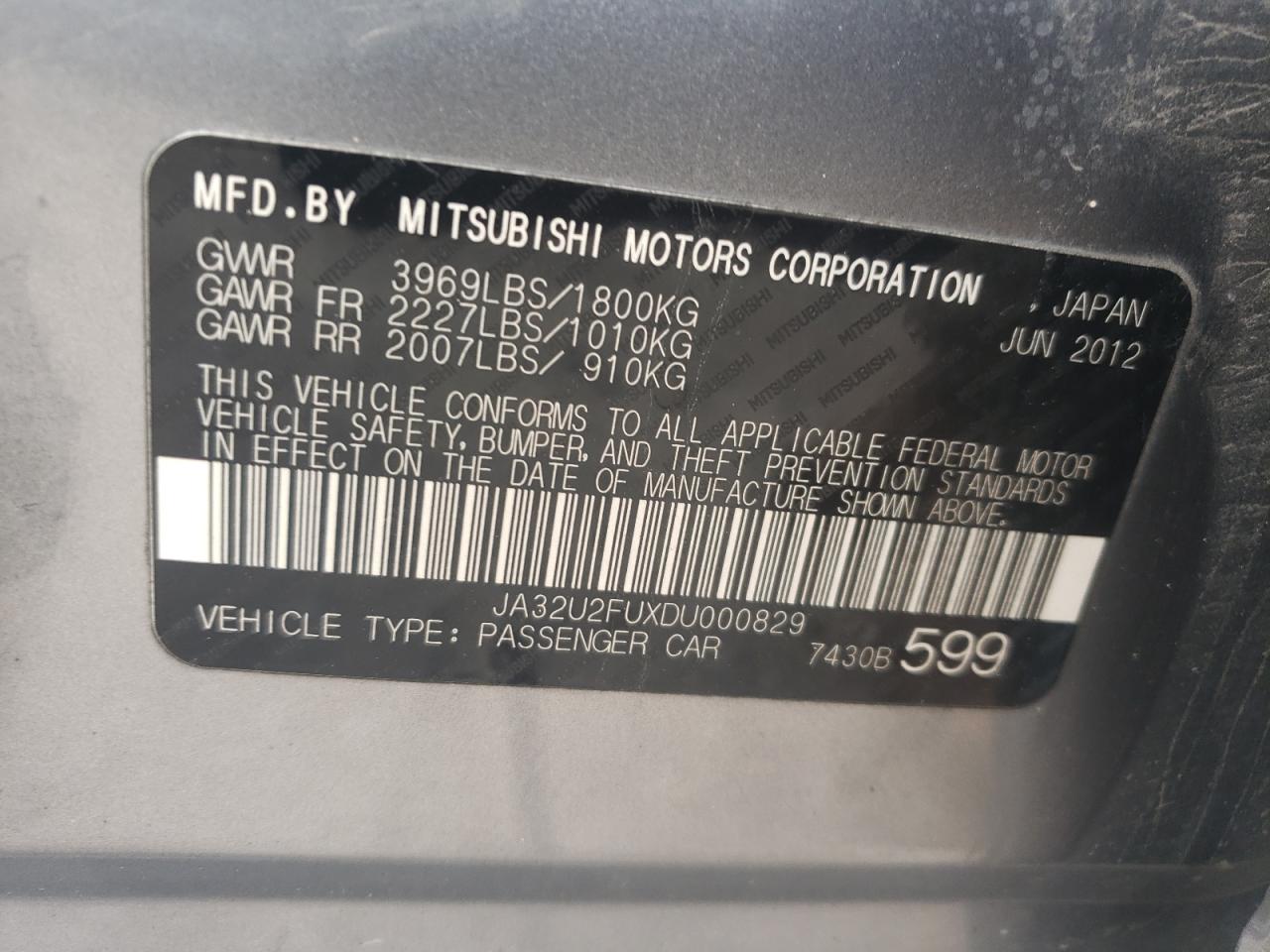 2013 Mitsubishi Lancer Es/Es Sport VIN: JA32U2FUXDU000829 Lot: 56397085