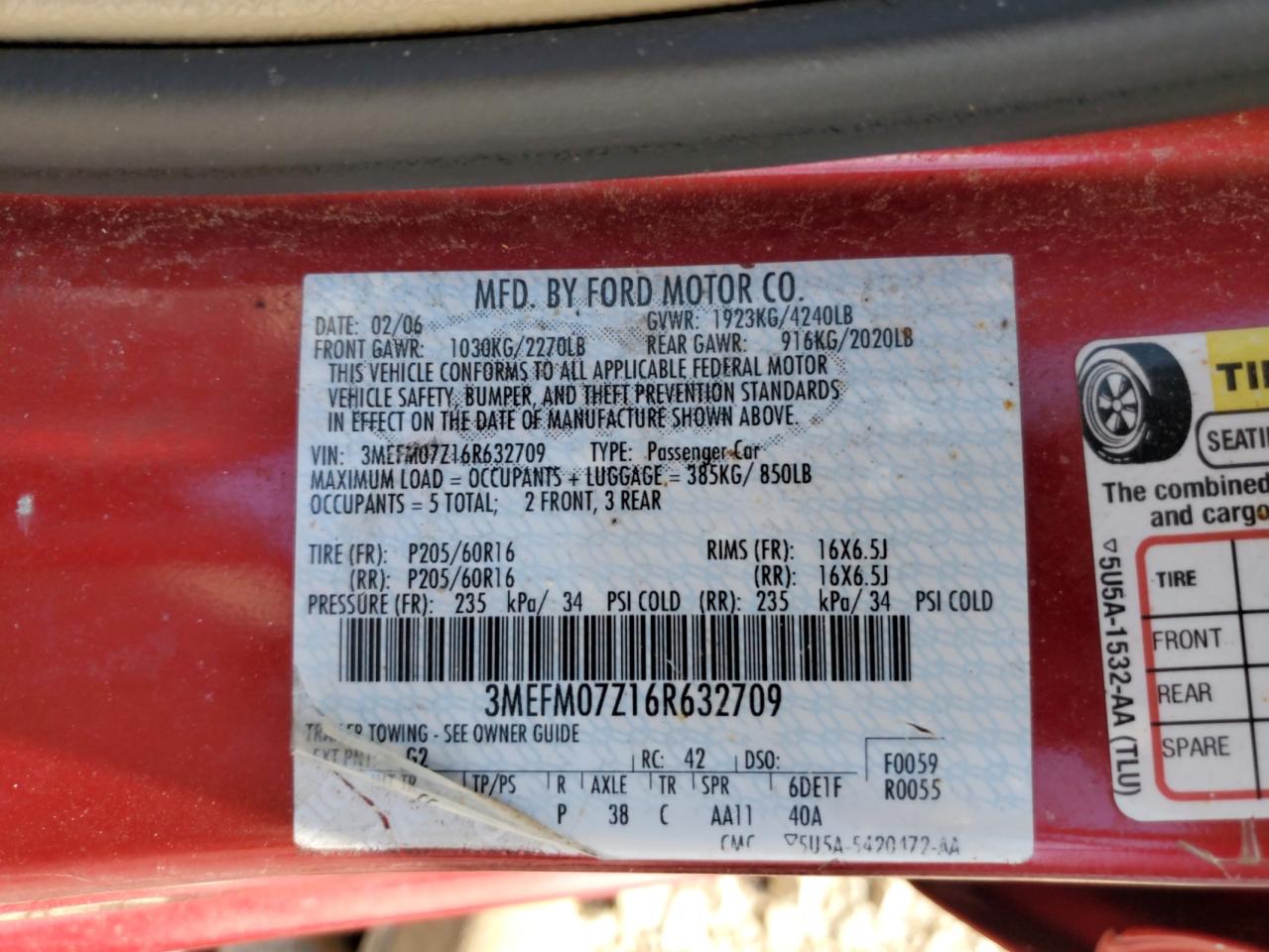 2006 Mercury Milan VIN: 3MEFM07Z16R632709 Lot: 56968135