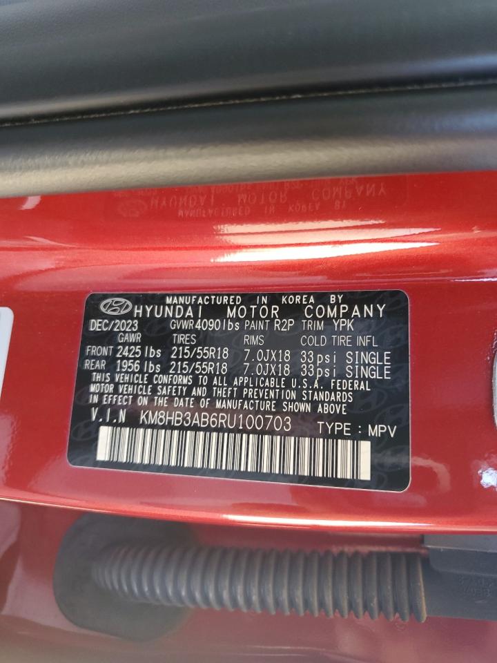 2024 Hyundai Kona Sel VIN: KM8HB3AB6RU100703 Lot: 57290635