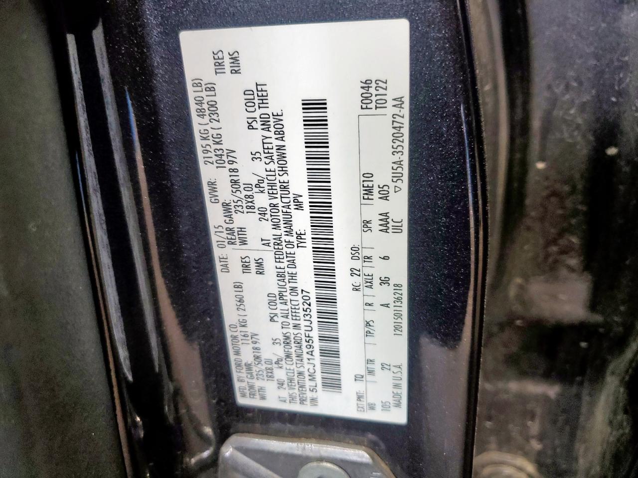 2015 Lincoln Mkc VIN: 5LMCJ1A95FUJ35207 Lot: 58806065