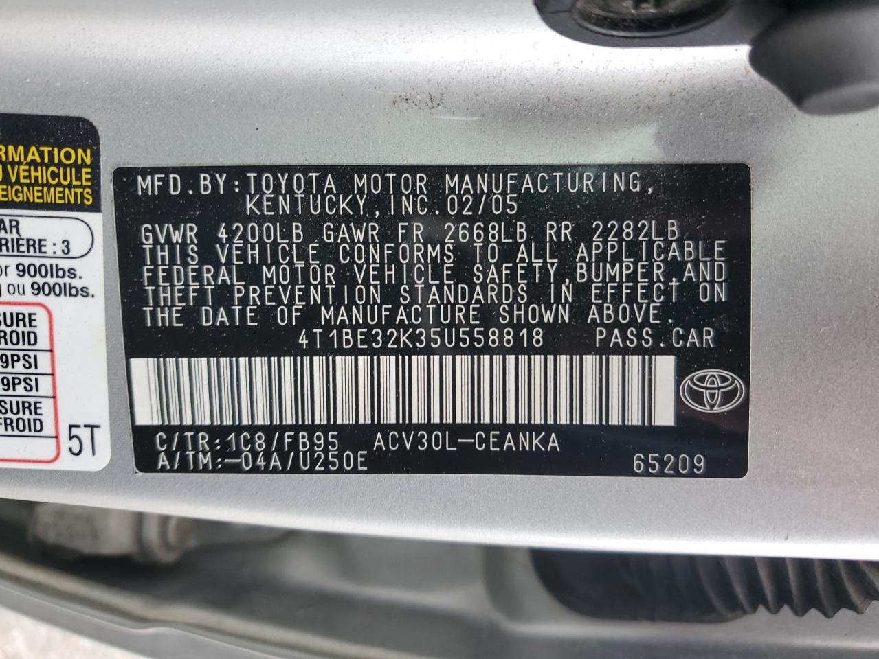 2005 Toyota Camry Le VIN: 4T1BE32K35U558818 Lot: 56023365