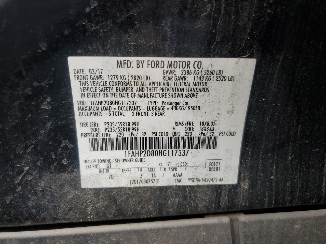 2017 Ford Taurus Se VIN: 1FAHP2D80HG117337 Lot: 55904505