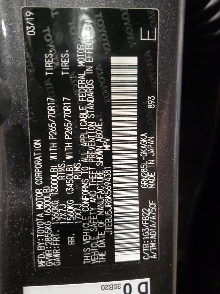2019 Toyota 4Runner Sr5/Sr5 Premium VIN: JTEBU5JR8K5694381 Lot: 56928885