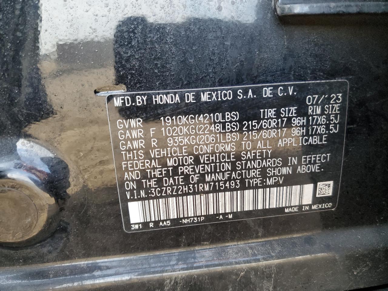 2024 Honda Hr-V Lx VIN: 3CZRZ2H31RM715493 Lot: 56828895
