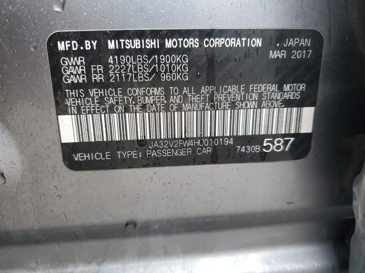2017 Mitsubishi Lancer Es VIN: JA32V2FW4HU010194 Lot: 55762665
