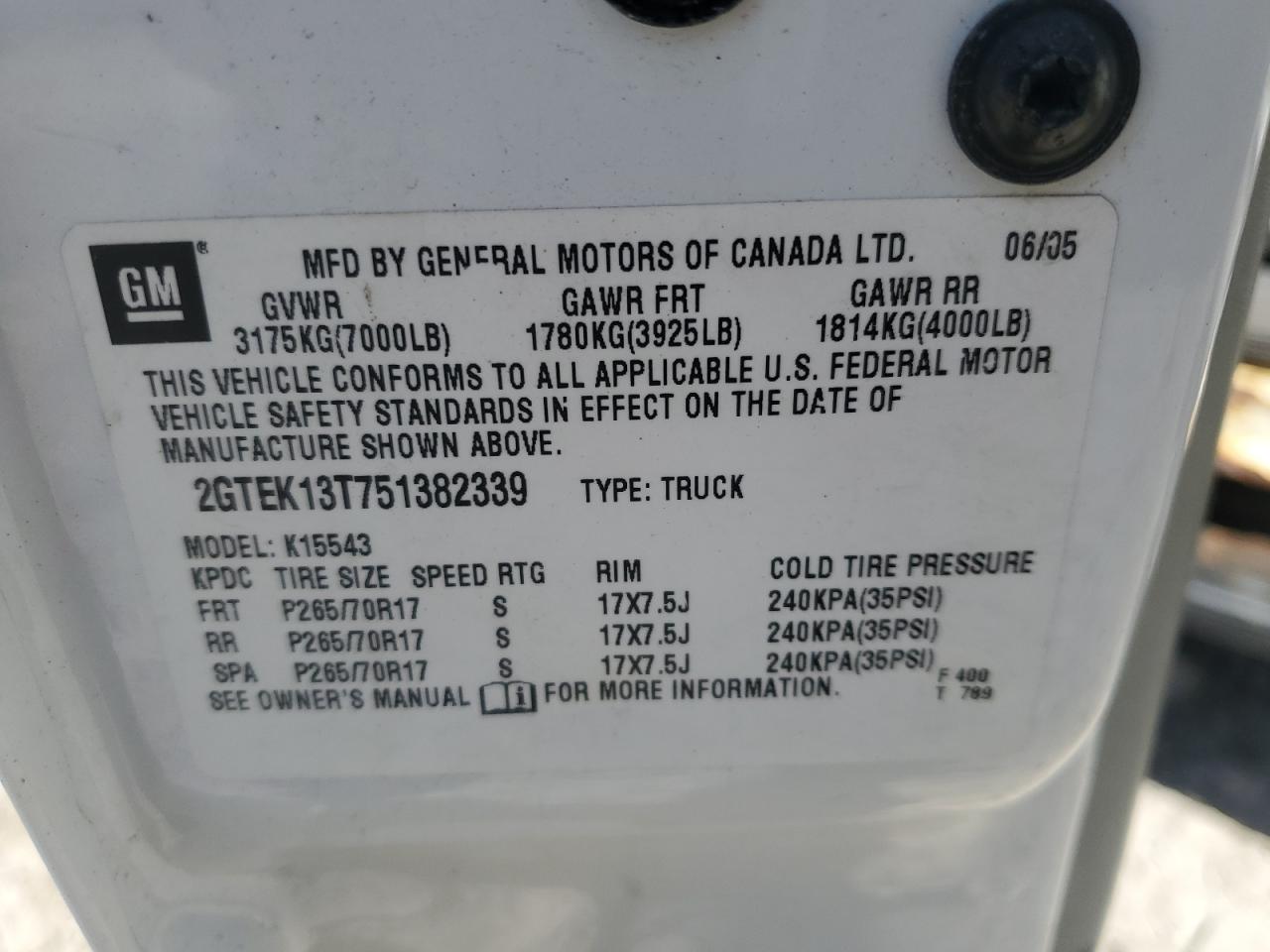 2005 GMC New Sierra K1500 VIN: 2GTEK13T751382339 Lot: 56607645