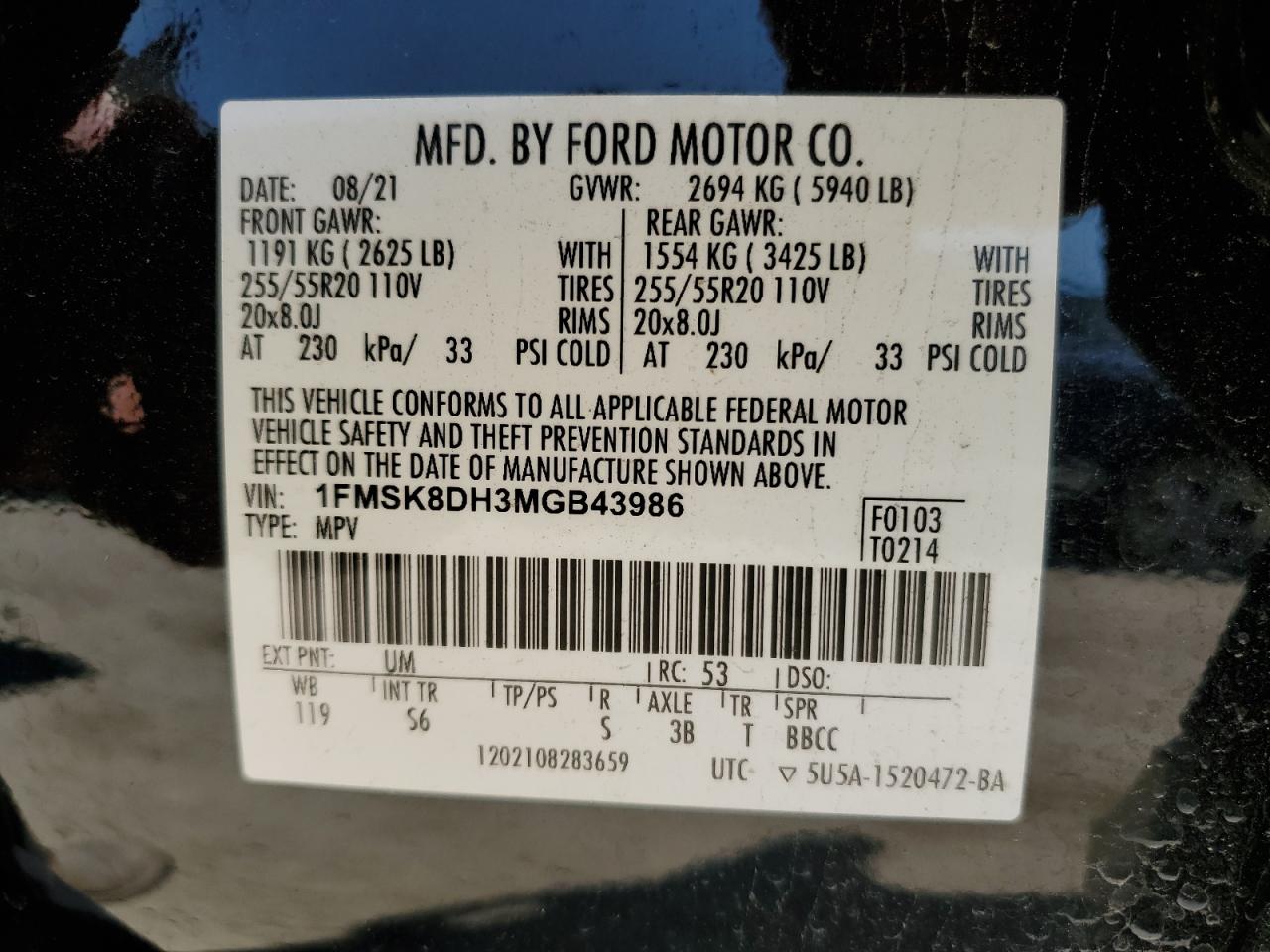 2021 Ford Explorer Xlt VIN: 1FMSK8DH3MGB43986 Lot: 56761825