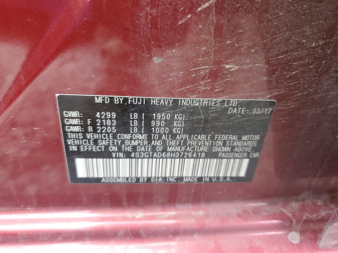 2017 Subaru Impreza Premium Plus VIN: 4S3GTAD68H3726418 Lot: 57159615