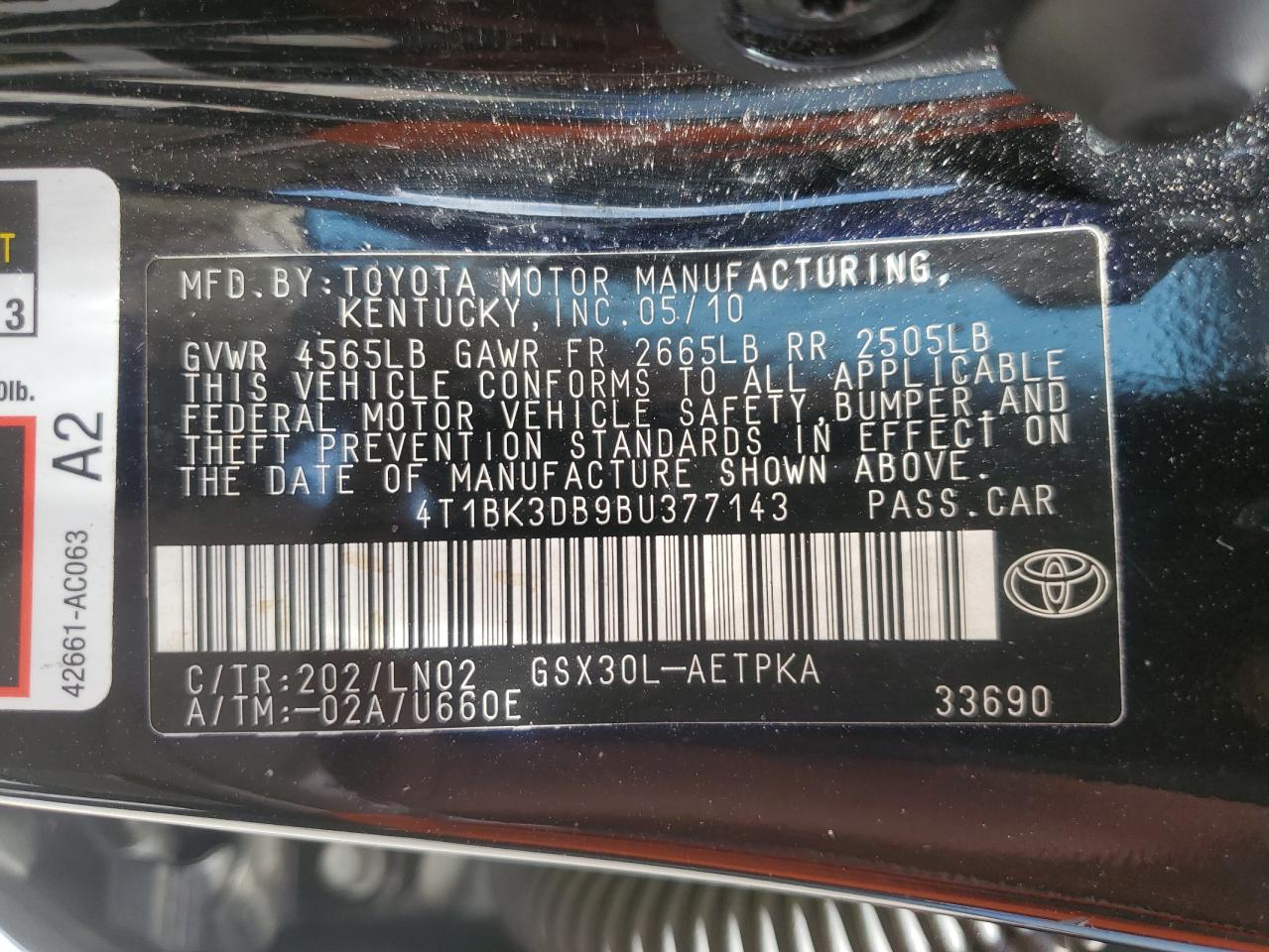 2011 Toyota Avalon Base VIN: 4T1BK3DB9BU377143 Lot: 56154205