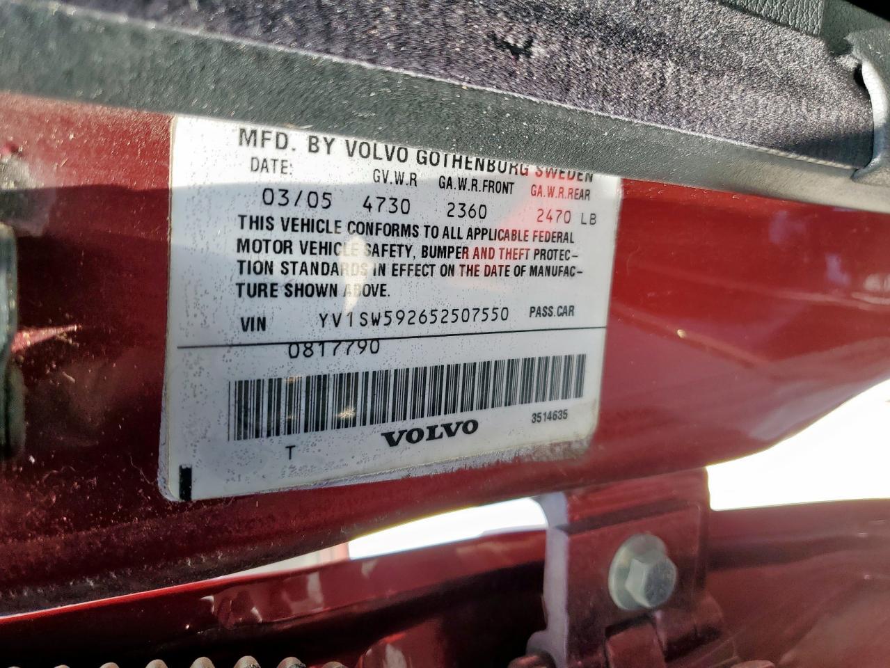 2005 Volvo V70 Fwd VIN: YV1SW592652507550 Lot: 58988325
