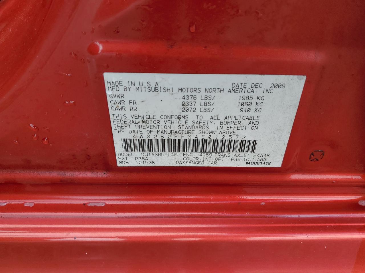 2010 Mitsubishi Galant Fe VIN: 4A32B2FFXAE012572 Lot: 58229935