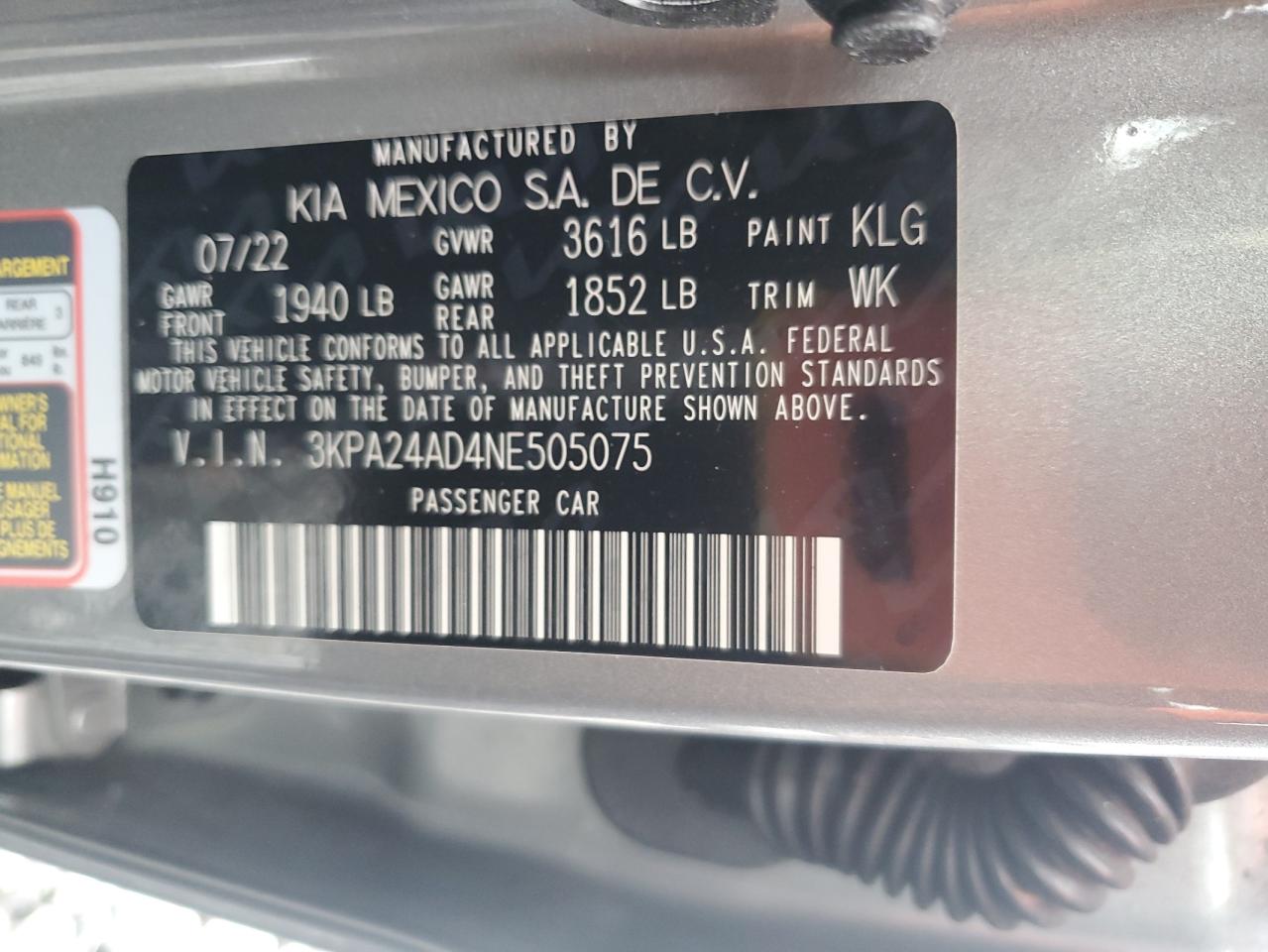 2022 Kia Rio Lx VIN: 3KPA24AD4NE505075 Lot: 56388285