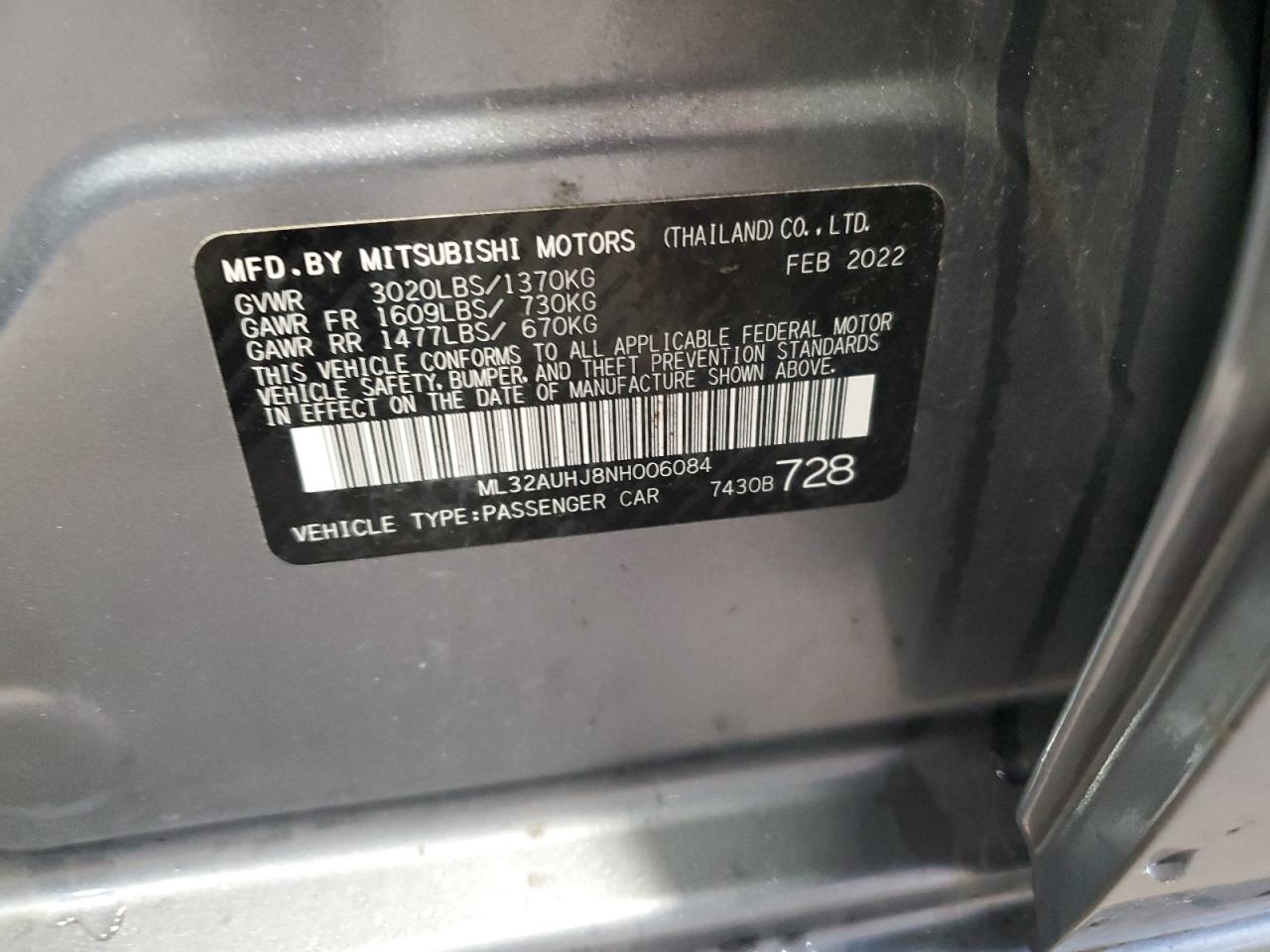 2022 Mitsubishi Mirage Es VIN: ML32AUHJ8NH006084 Lot: 58522195