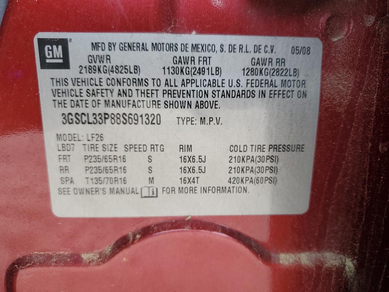 2008 Saturn Vue Xe VIN: 3GSCL33P88S691320 Lot: 55957655