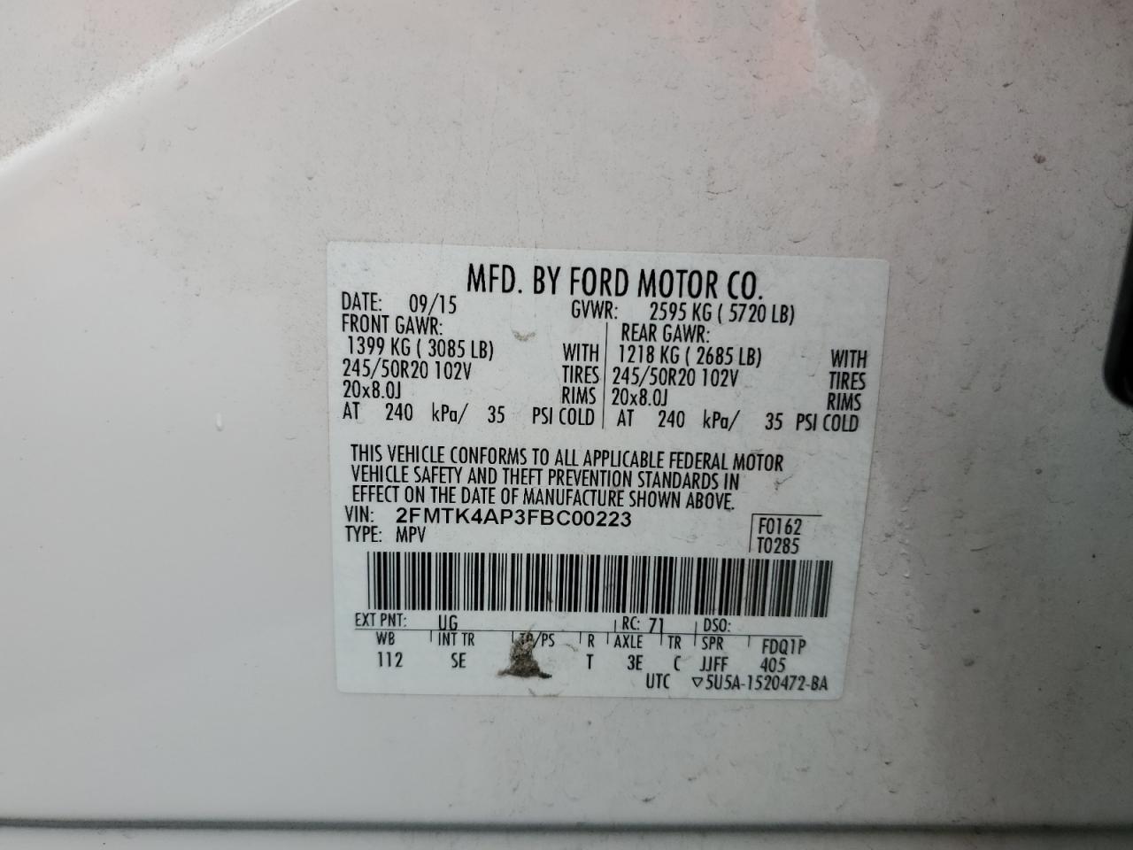 2015 Ford Edge Sport VIN: 2FMTK4AP3FBC00223 Lot: 56660565