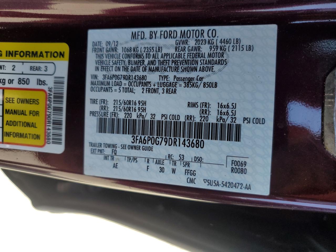 2013 Ford Fusion S VIN: 3FA6P0G79DR143680 Lot: 57472875